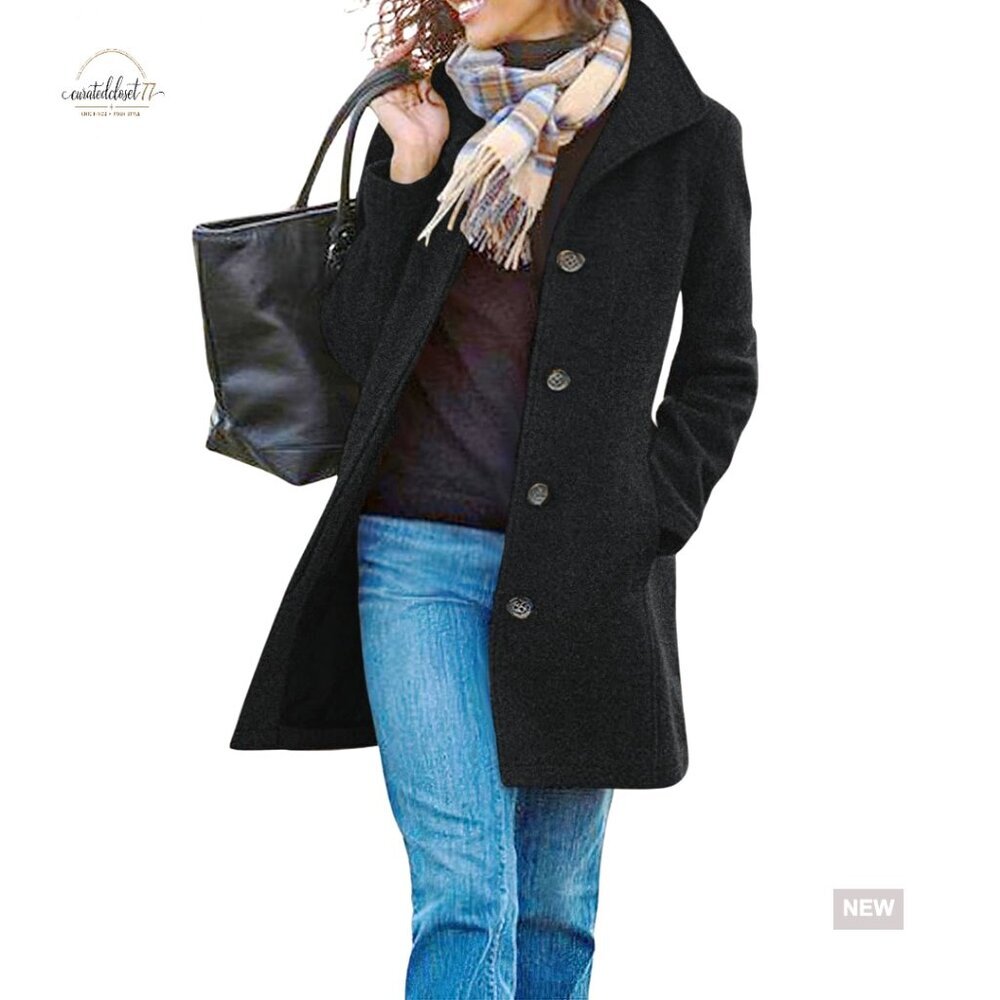 Women's Wool Blend Pea Coat Single Breasted Stand Collar Trench Overcoat